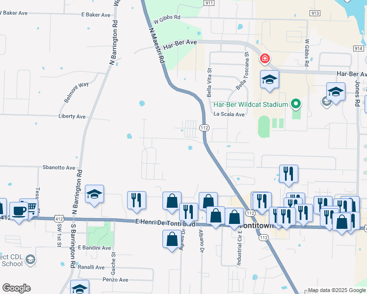 map of restaurants, bars, coffee shops, grocery stores, and more near 495 North Maestri Road in Springdale
