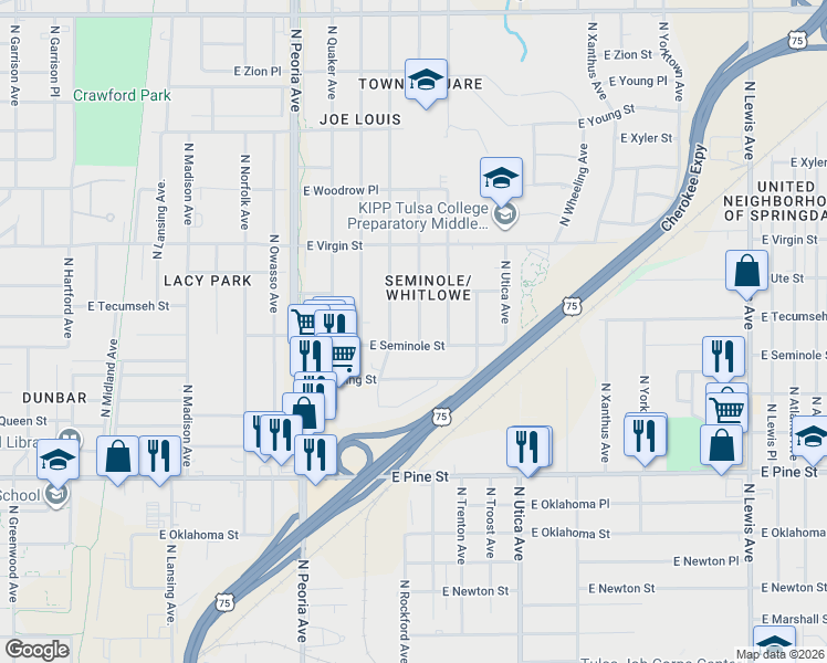 map of restaurants, bars, coffee shops, grocery stores, and more near 1814 North Saint Louis Avenue in Tulsa