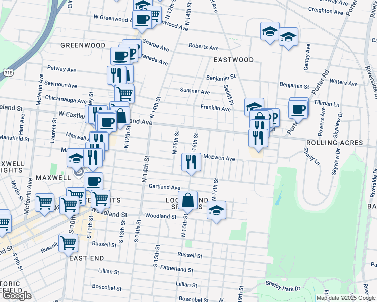map of restaurants, bars, coffee shops, grocery stores, and more near 502A North 16th Street in Nashville