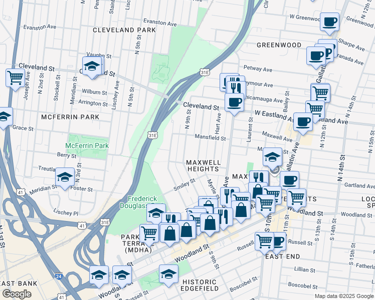map of restaurants, bars, coffee shops, grocery stores, and more near 613 North 9th Street in Nashville