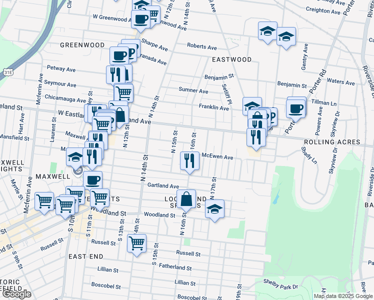 map of restaurants, bars, coffee shops, grocery stores, and more near 502A North 16th Street in Nashville