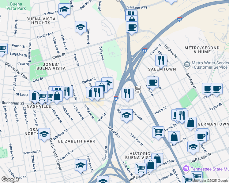 map of restaurants, bars, coffee shops, grocery stores, and more near 830 Buchanan Street in Nashville