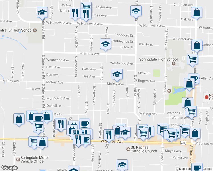 map of restaurants, bars, coffee shops, grocery stores, and more near 1951 McRay Ave in Springdale