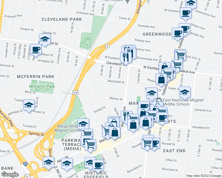 map of restaurants, bars, coffee shops, grocery stores, and more near 413 Myrtle Street in Nashville