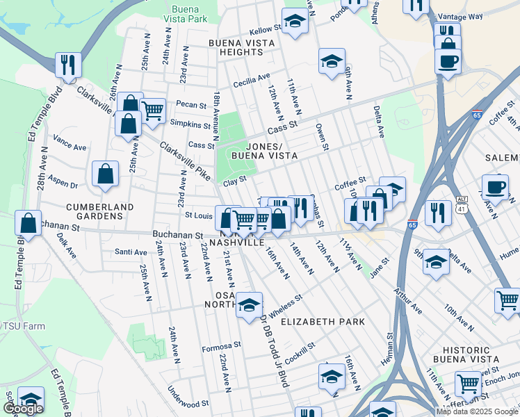 map of restaurants, bars, coffee shops, grocery stores, and more near 1903 15th Avenue North in Nashville