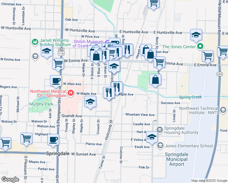 map of restaurants, bars, coffee shops, grocery stores, and more near 429 Holcomb Street in Springdale