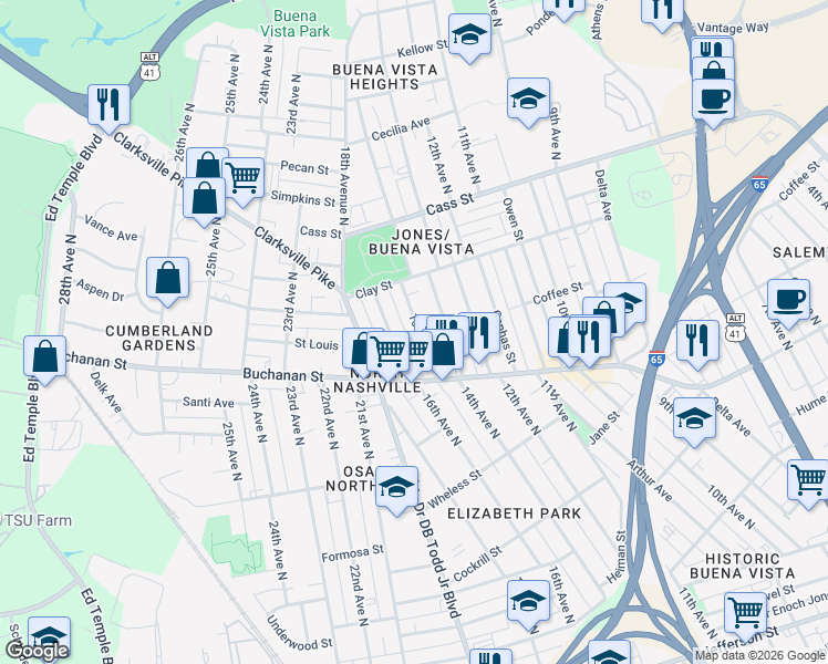 map of restaurants, bars, coffee shops, grocery stores, and more near 1903 15th Avenue North in Nashville