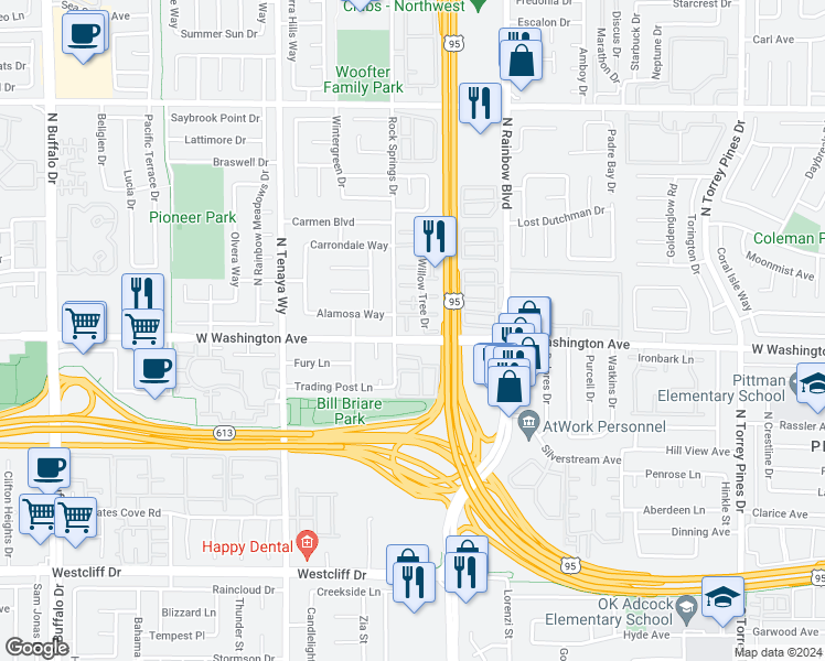 map of restaurants, bars, coffee shops, grocery stores, and more near 6905 Round Tree Drive in Las Vegas