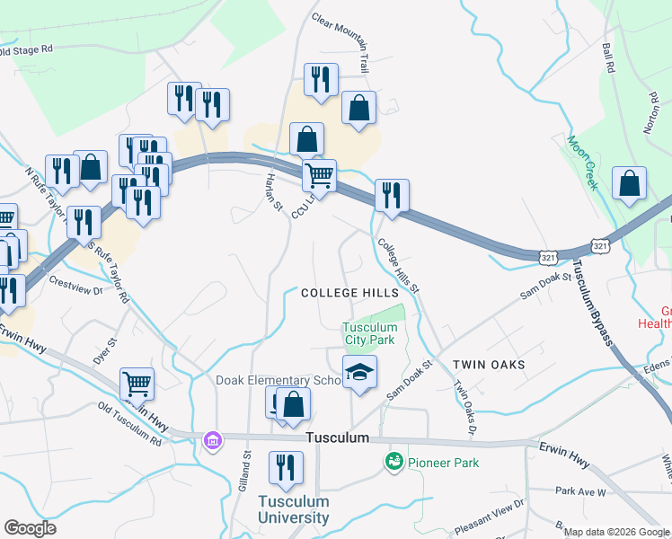 map of restaurants, bars, coffee shops, grocery stores, and more near 202 Owen Lane in Greeneville