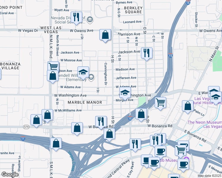 map of restaurants, bars, coffee shops, grocery stores, and more near 923 H Street in Las Vegas