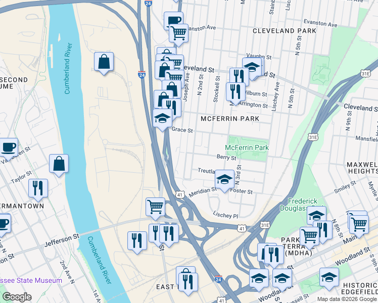map of restaurants, bars, coffee shops, grocery stores, and more near 123 Berry Street in Nashville