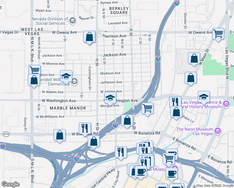 map of restaurants, bars, coffee shops, grocery stores, and more near 513 West Adams Avenue in Las Vegas
