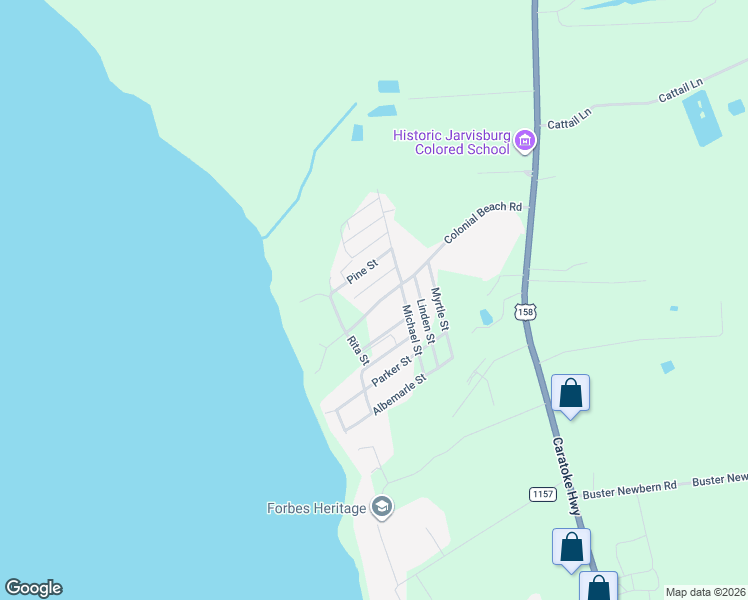 map of restaurants, bars, coffee shops, grocery stores, and more near 127 Lawrence Street in Jarvisburg