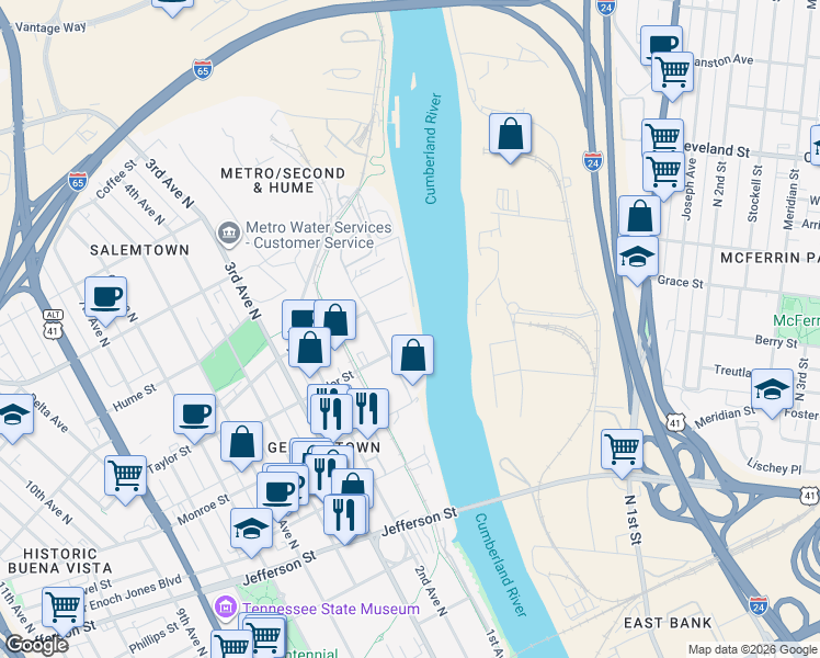 map of restaurants, bars, coffee shops, grocery stores, and more near 1390 Adams Street in Nashville