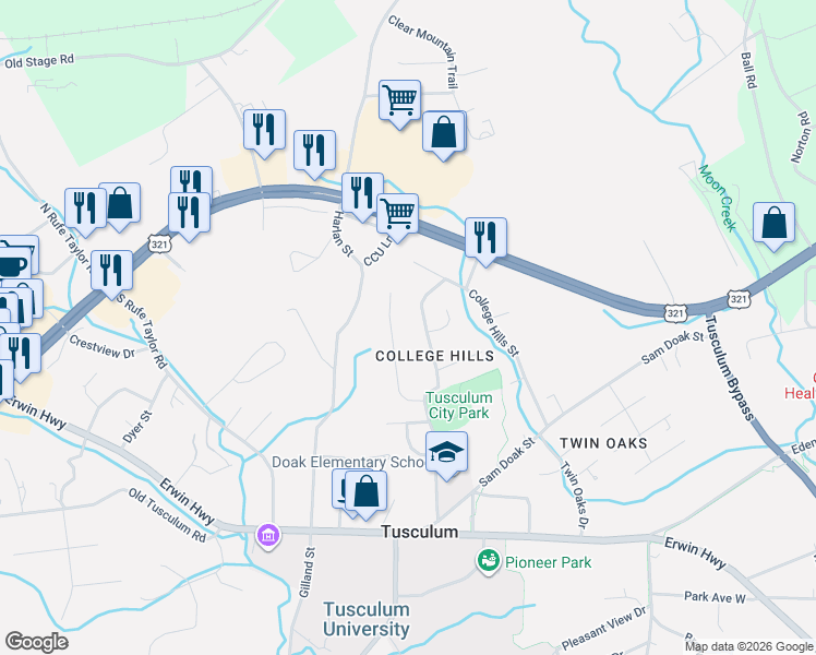 map of restaurants, bars, coffee shops, grocery stores, and more near 202 Owen Lane in Greeneville