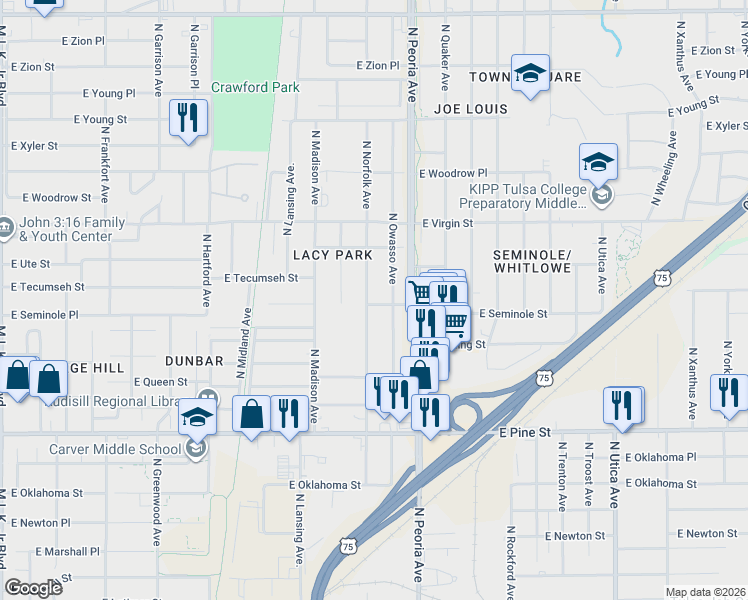 map of restaurants, bars, coffee shops, grocery stores, and more near 1827 North Norfolk Avenue in Tulsa