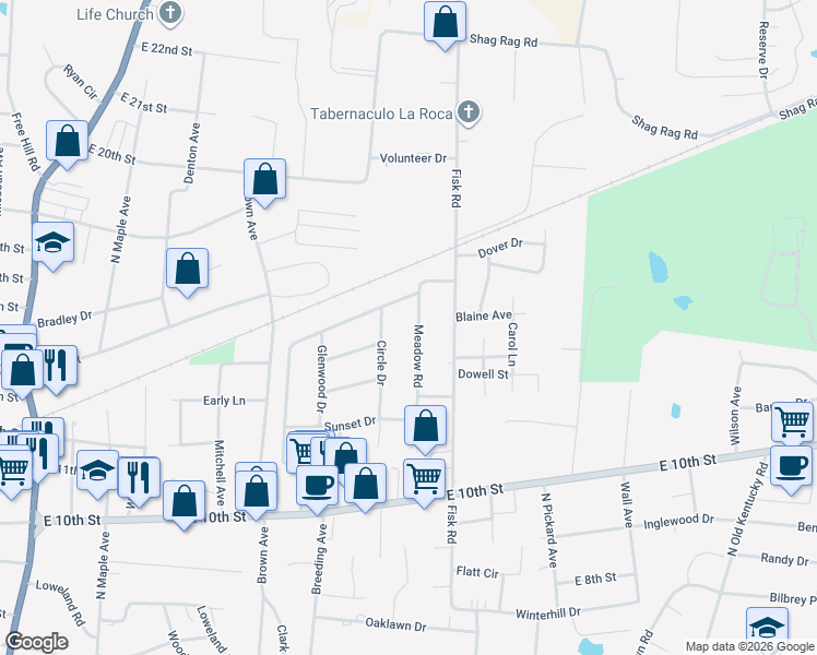 map of restaurants, bars, coffee shops, grocery stores, and more near 1256 Meadow Rd in Cookeville