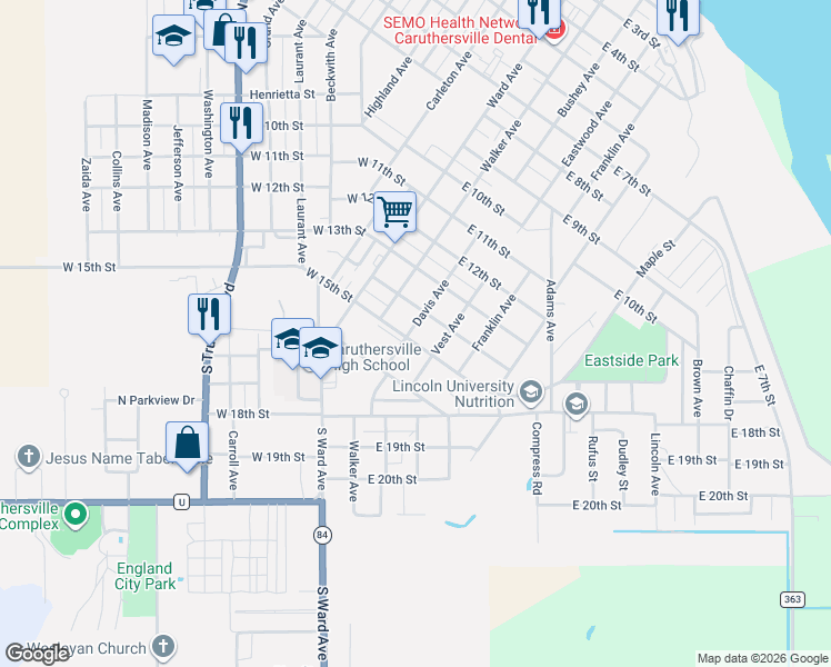 map of restaurants, bars, coffee shops, grocery stores, and more near 200 East 15th Street in Caruthersville
