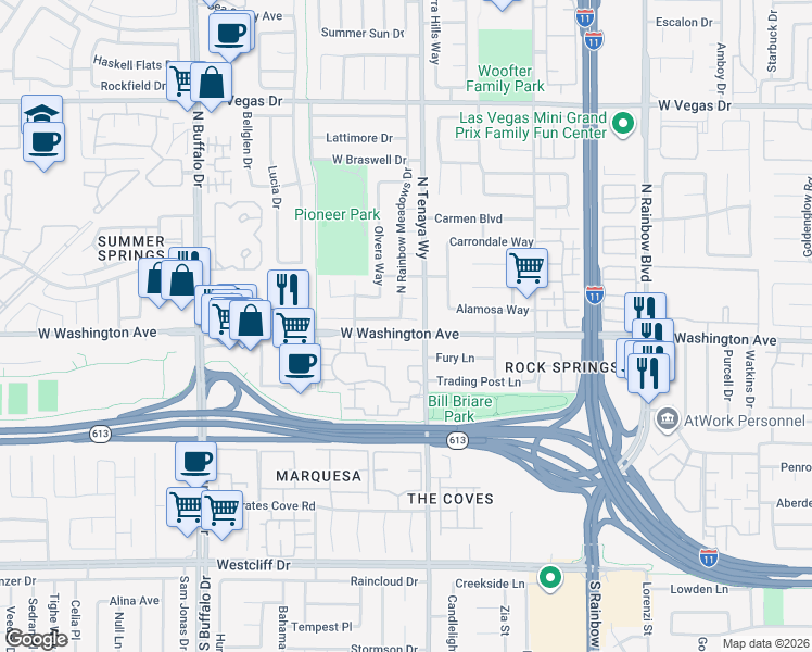 map of restaurants, bars, coffee shops, grocery stores, and more near 7313 Sunspot Drive in Las Vegas