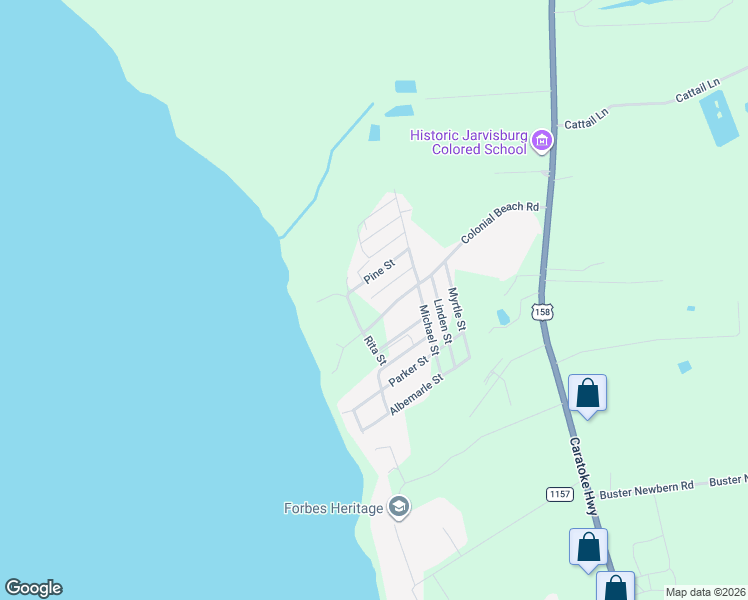 map of restaurants, bars, coffee shops, grocery stores, and more near 127 Lawrence Street in Jarvisburg