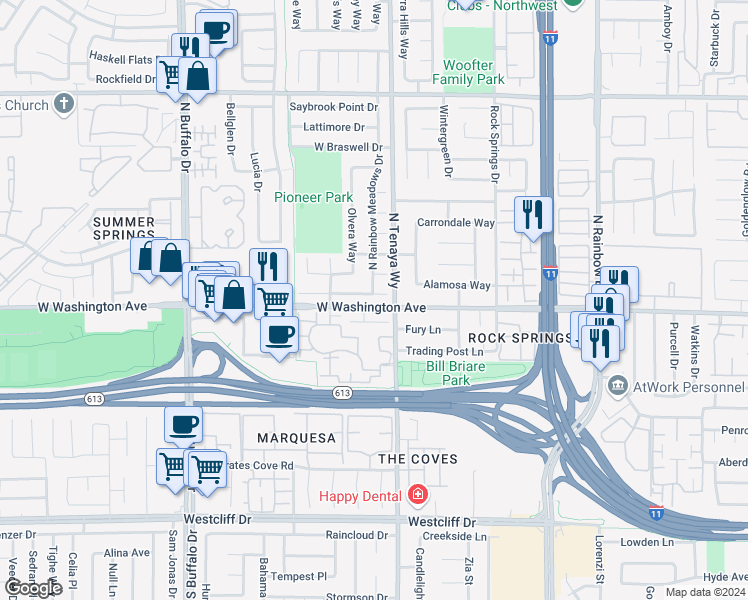 map of restaurants, bars, coffee shops, grocery stores, and more near 7317 Sunspot Drive in Las Vegas