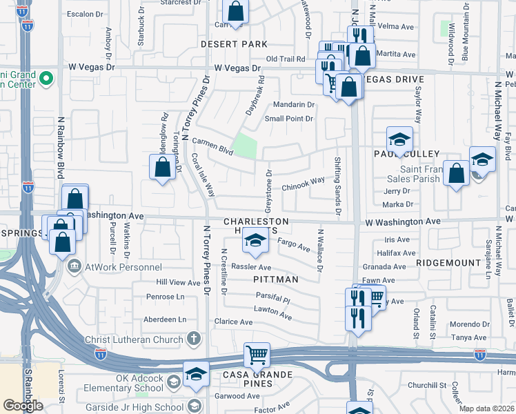 map of restaurants, bars, coffee shops, grocery stores, and more near 6312 Greyhawk Avenue in Las Vegas