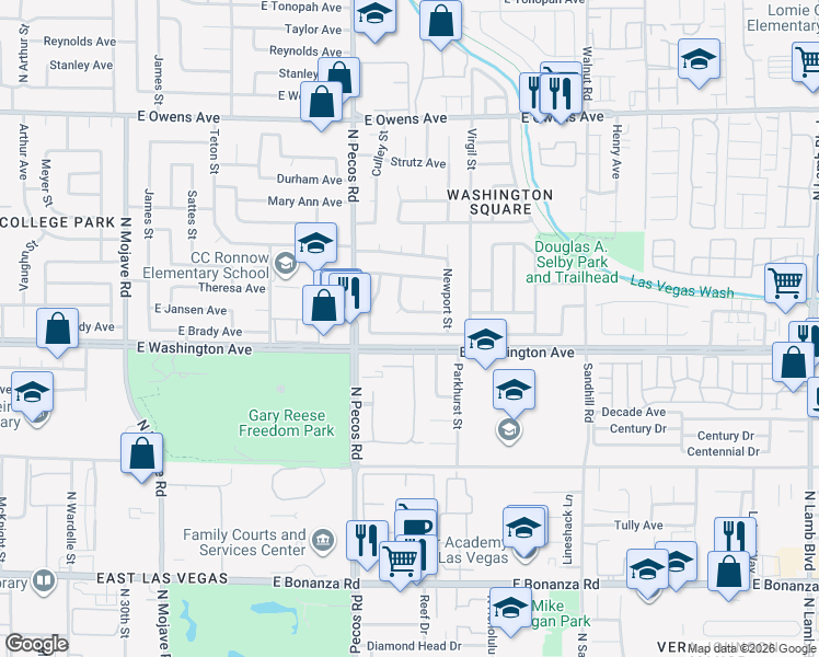 map of restaurants, bars, coffee shops, grocery stores, and more near 3601 Valley Forge Avenue in Las Vegas