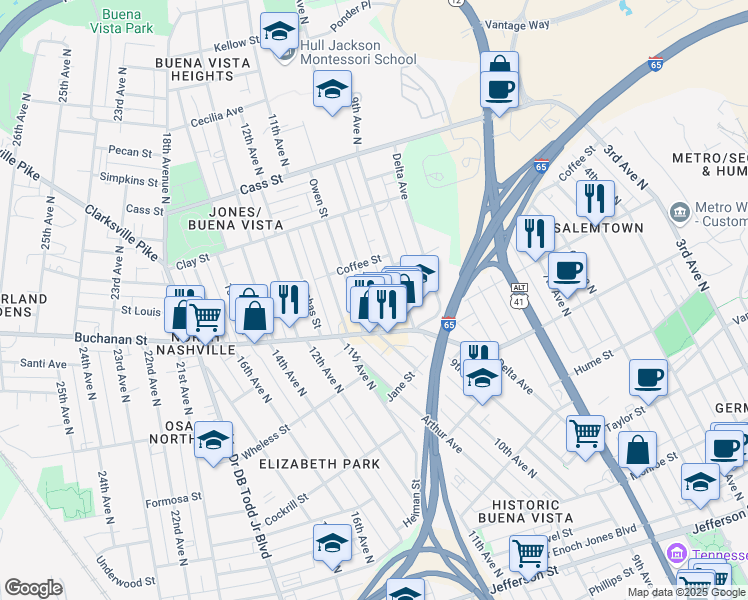 map of restaurants, bars, coffee shops, grocery stores, and more near 1816 10th Avenue North in Nashville
