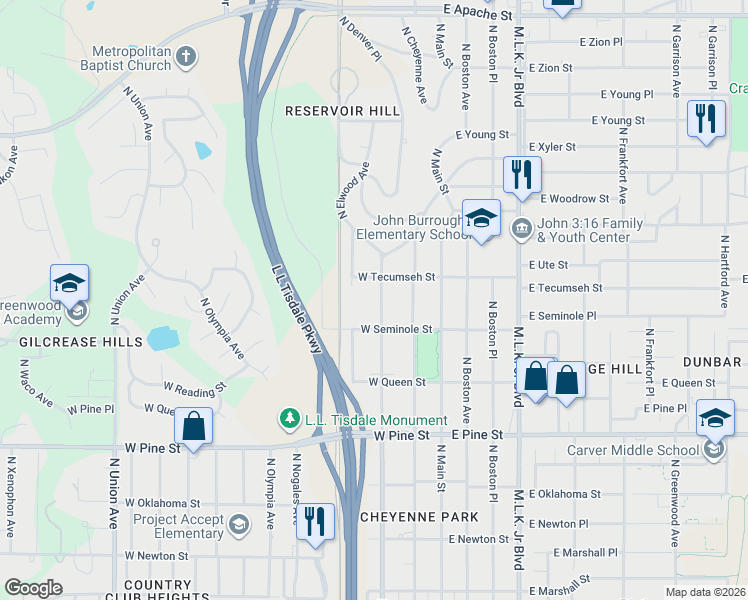 map of restaurants, bars, coffee shops, grocery stores, and more near 1828 North Denver Avenue in Tulsa
