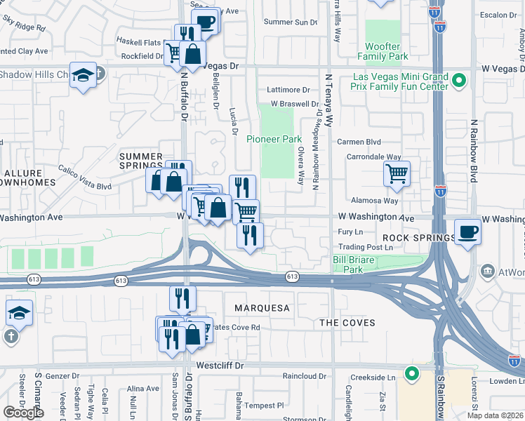 map of restaurants, bars, coffee shops, grocery stores, and more near 7465 Sunspot Drive in Las Vegas