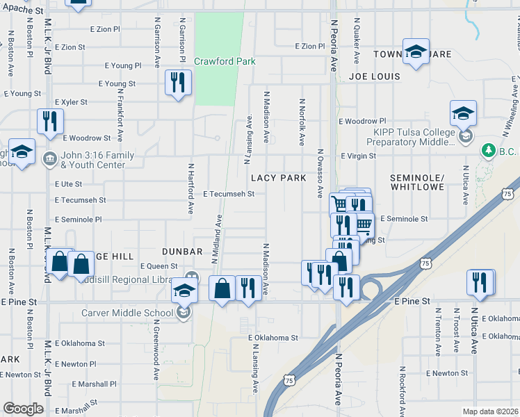 map of restaurants, bars, coffee shops, grocery stores, and more near 793 East Seminole Place in Tulsa