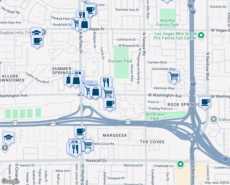 map of restaurants, bars, coffee shops, grocery stores, and more near 7465 Sunspot Drive in Las Vegas