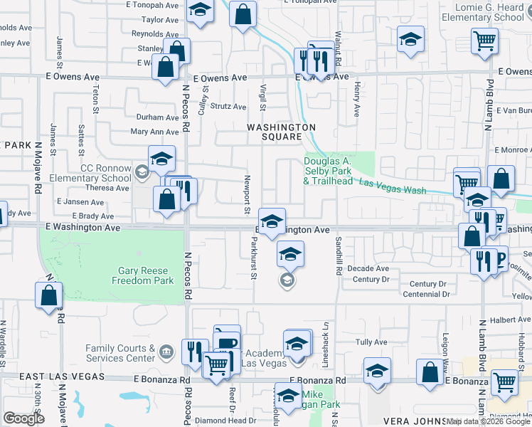 map of restaurants, bars, coffee shops, grocery stores, and more near 3801 Valley Forge Avenue in Las Vegas