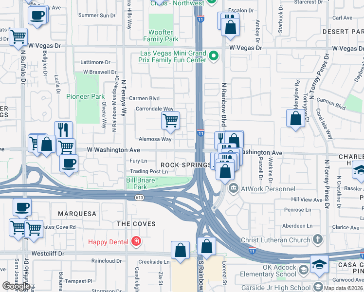 map of restaurants, bars, coffee shops, grocery stores, and more near 6909a Rock Springs Drive in Las Vegas