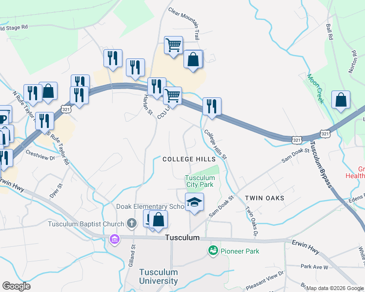 map of restaurants, bars, coffee shops, grocery stores, and more near 202 Owen Lane in Greeneville