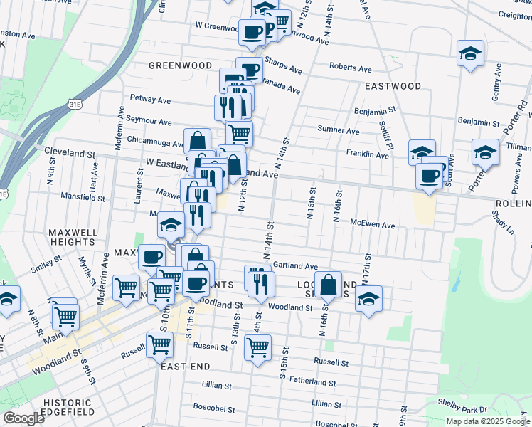 map of restaurants, bars, coffee shops, grocery stores, and more near 1401 Calvin Avenue in Nashville