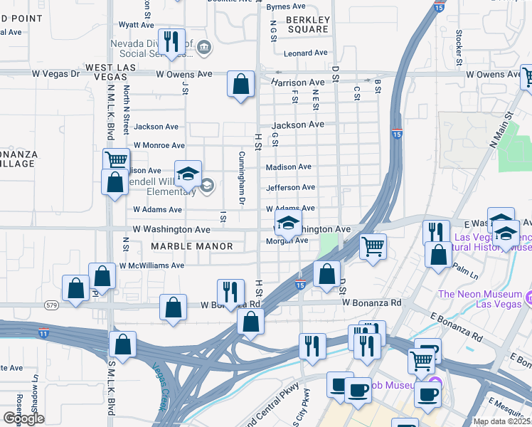 map of restaurants, bars, coffee shops, grocery stores, and more near 713 West Adams Avenue in Las Vegas