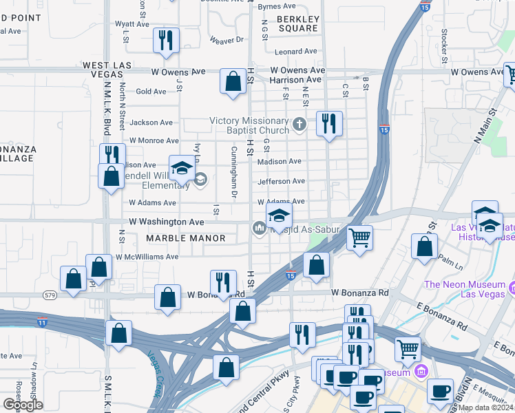 map of restaurants, bars, coffee shops, grocery stores, and more near 713 West Adams Avenue in Las Vegas