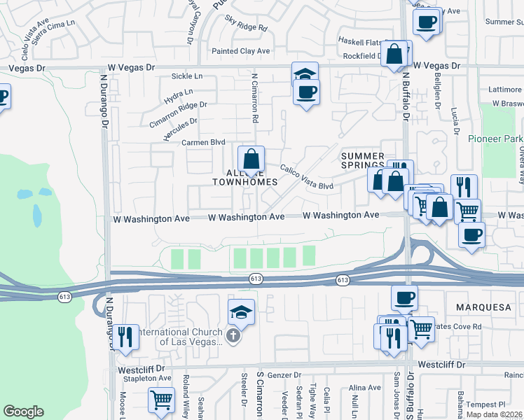 map of restaurants, bars, coffee shops, grocery stores, and more near 901 Sulphur Springs Lane in Las Vegas