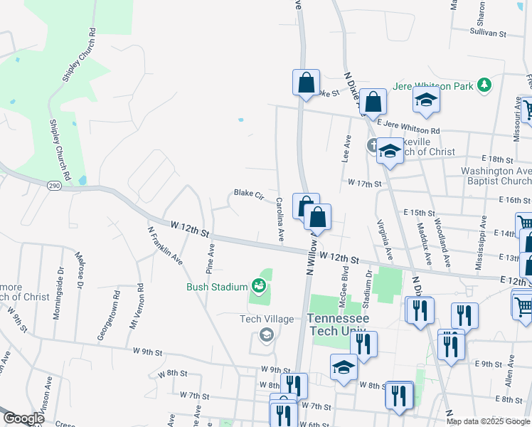 map of restaurants, bars, coffee shops, grocery stores, and more near 1224C Carolina Avenue in Cookeville