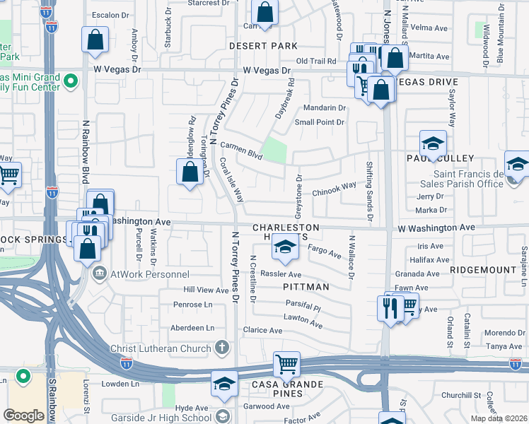 map of restaurants, bars, coffee shops, grocery stores, and more near 6348 Greyhawk Avenue in Las Vegas