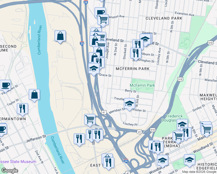 map of restaurants, bars, coffee shops, grocery stores, and more near 123 Berry Street in Nashville