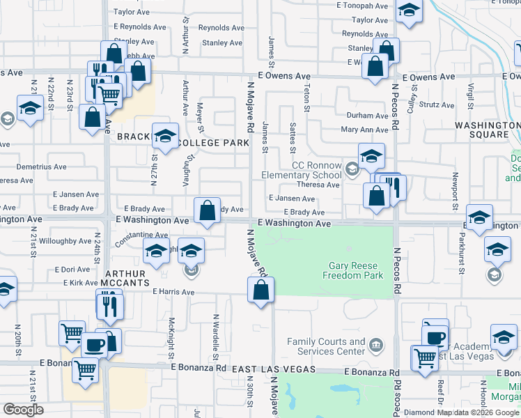 map of restaurants, bars, coffee shops, grocery stores, and more near 909 James Street in Las Vegas