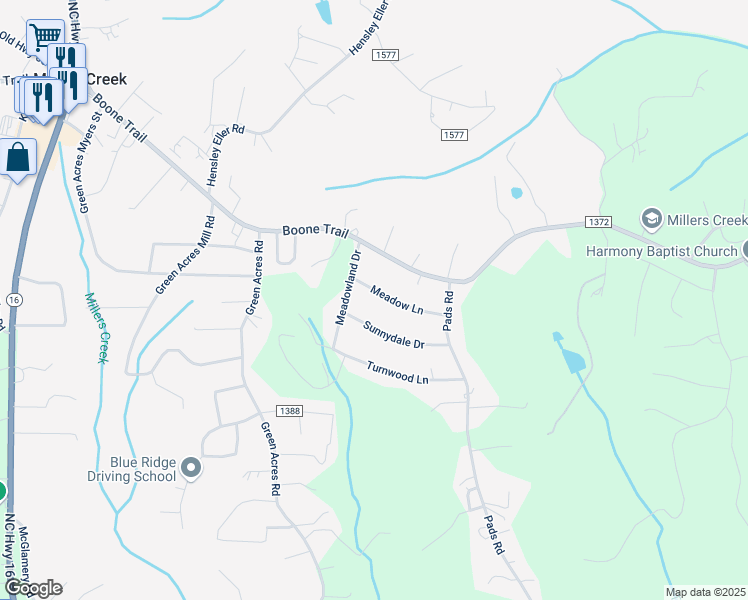 map of restaurants, bars, coffee shops, grocery stores, and more near 275 Meadow Lane in Millers Creek