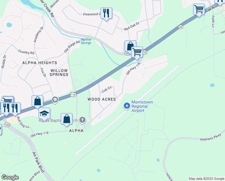 map of restaurants, bars, coffee shops, grocery stores, and more near 5219 Cub Cir in Morristown