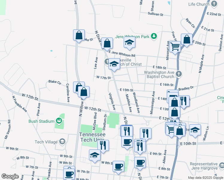map of restaurants, bars, coffee shops, grocery stores, and more near 1366 North Dixie Avenue in Cookeville