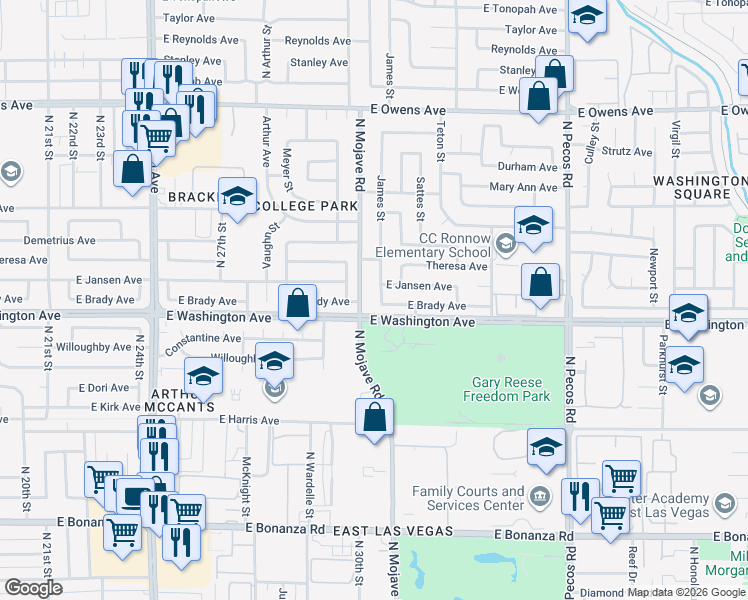 map of restaurants, bars, coffee shops, grocery stores, and more near 909 James Street in Las Vegas
