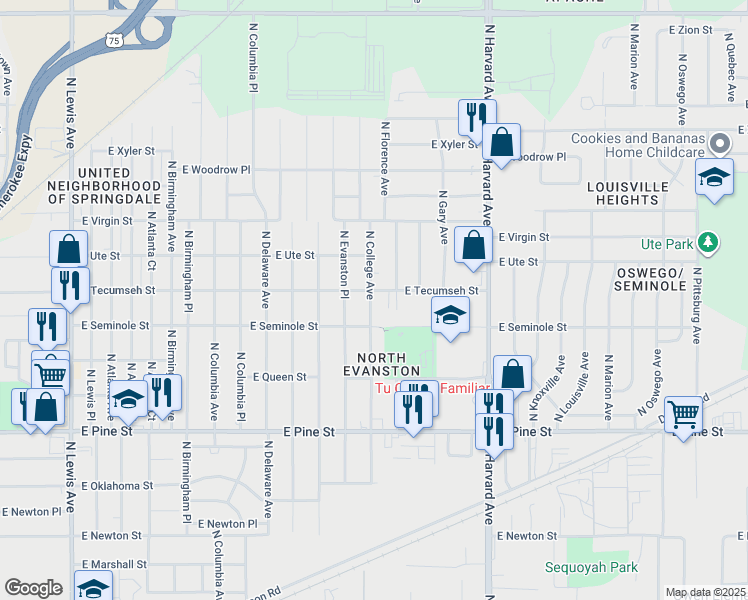 map of restaurants, bars, coffee shops, grocery stores, and more near 1825 North College Avenue in Tulsa