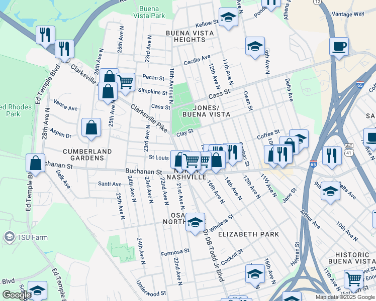 map of restaurants, bars, coffee shops, grocery stores, and more near 1827 16th Avenue North in Nashville