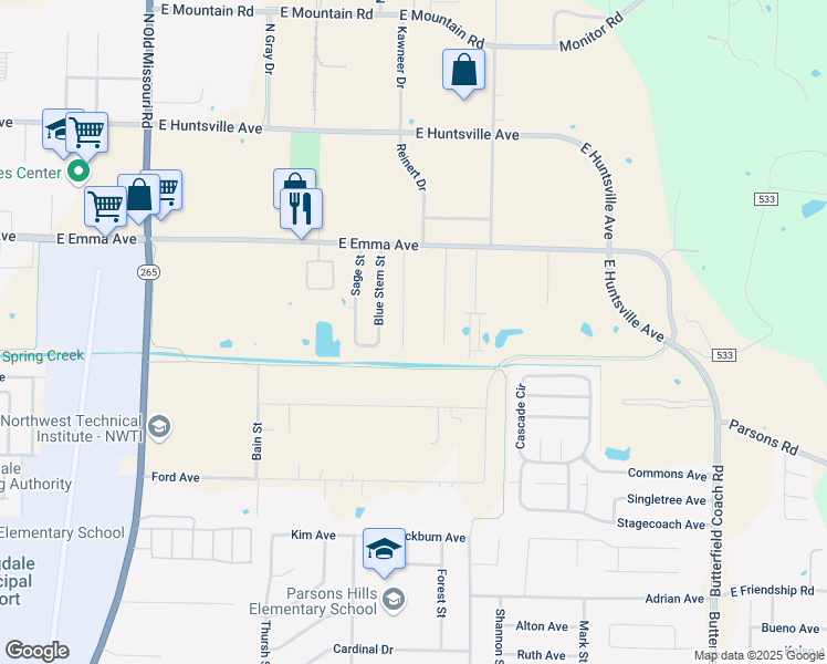 map of restaurants, bars, coffee shops, grocery stores, and more near 317 Erin Place in Springdale